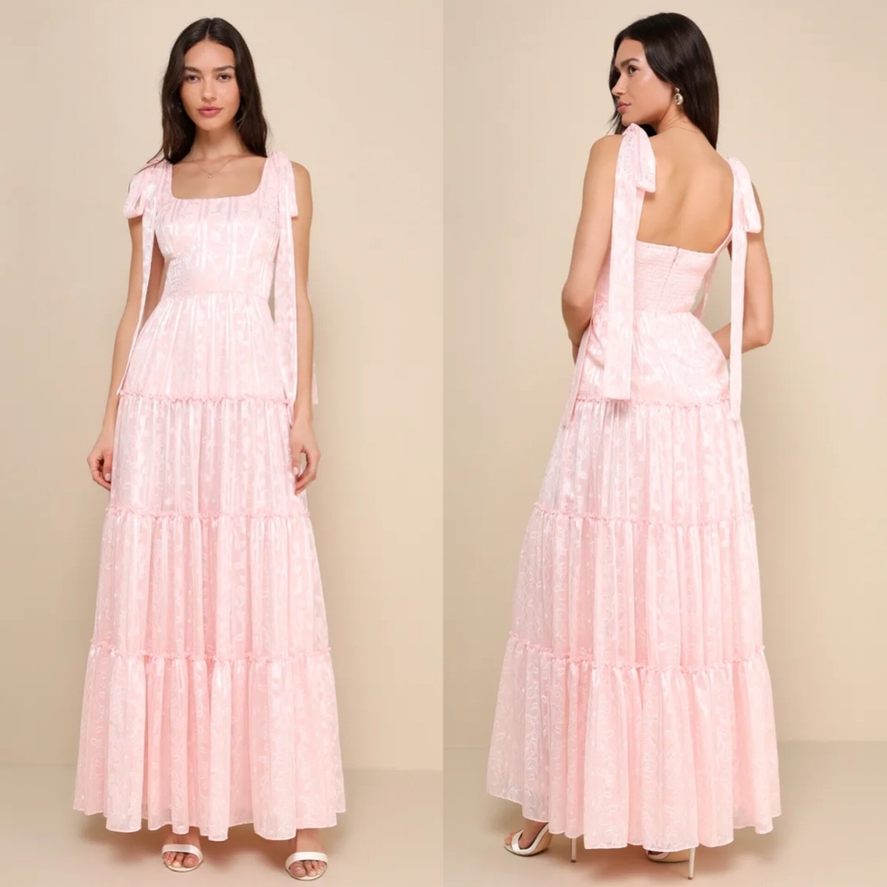 Lulus Picturesque Allure Blush Pink Jacquard Tie-Strap Maxi Dress S Wedding